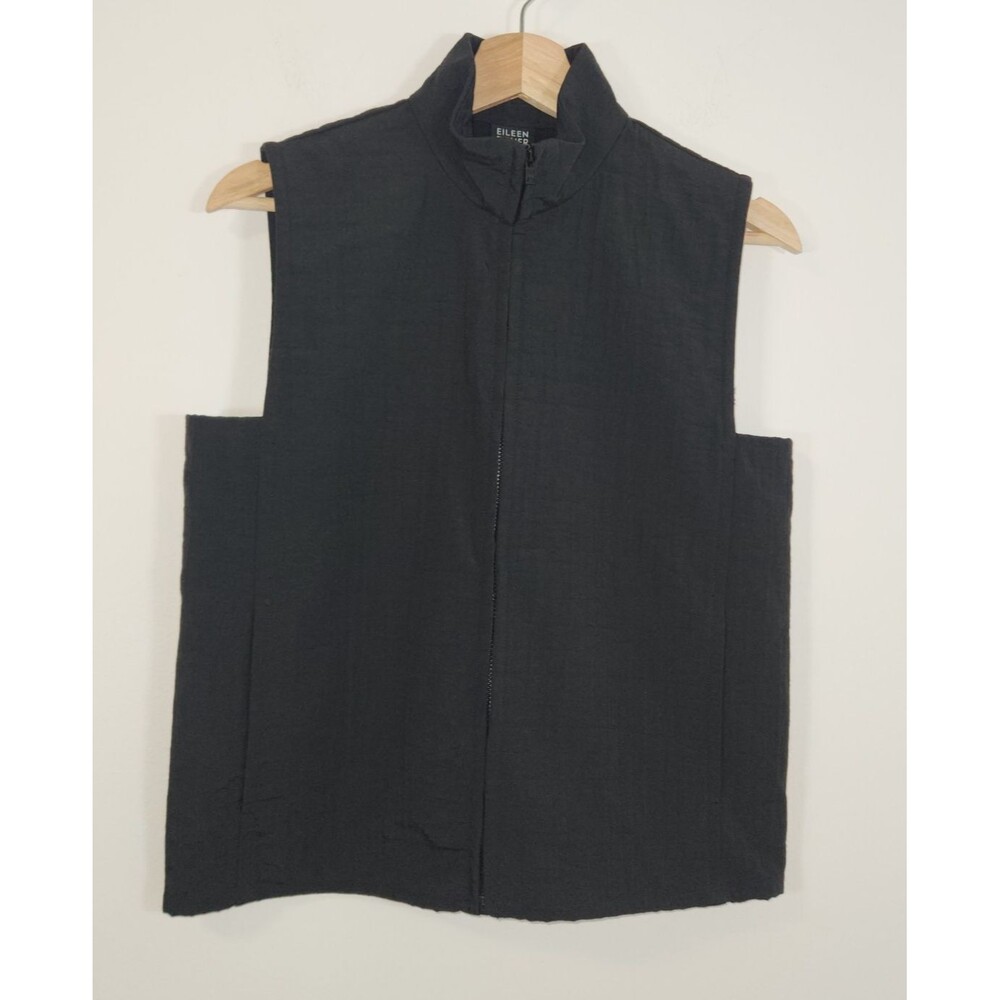 Eileen Fisher Full Zip Nylon Crinkle Crepe Lightweight Vest w/Pockets PETITE